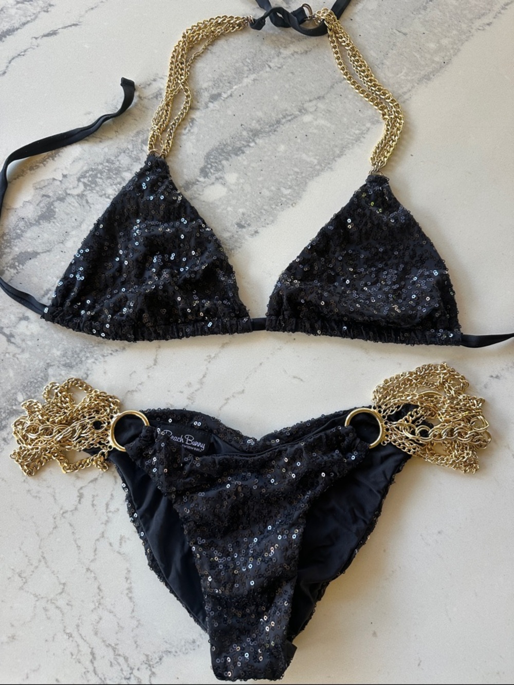 Beach Bunny Black Sequin Bikini with Gold Chain Straps all that glitters
